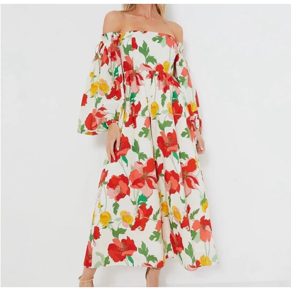 Tuckernuck White Off-Shoulder Midi Dress with Red, Yellow & Green Floral Print